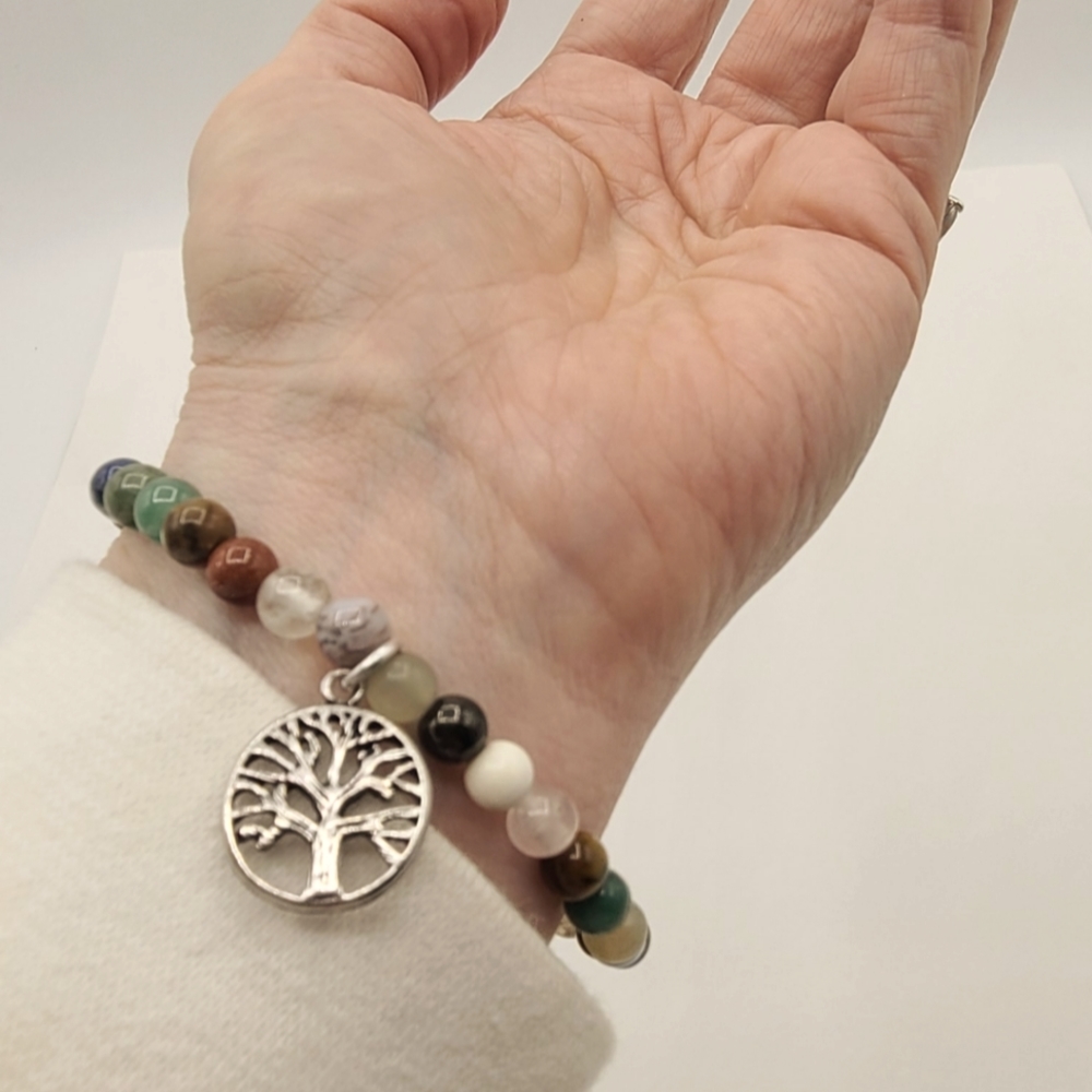 Beaded Bangle | Silver Family Tree Charm Bracelet